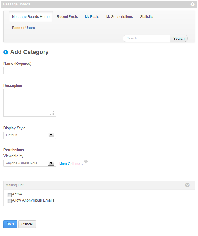 Figure 9.17: You have several options when creating a Message Boards Category.