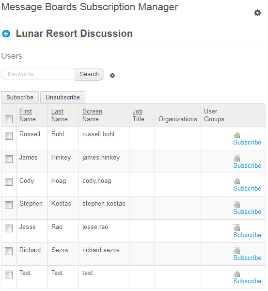 Figure 9.19: The Message Board Subscription Manager allows site administrators to subscribe or unsubscribe selected users from any category within their sites message board.