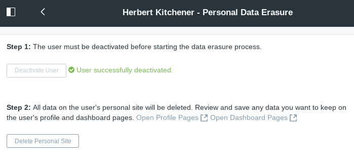 Figure 3: The second step in personal data erasure is deleting the User personal Site.