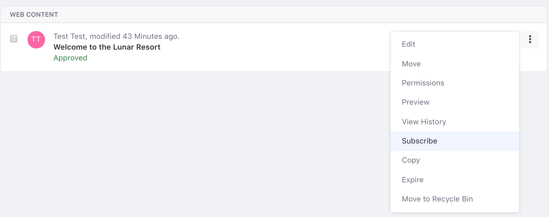 Figure 4: Click the Subscribe icon in the web content entitys Options menu to begin receiving web content notifications.