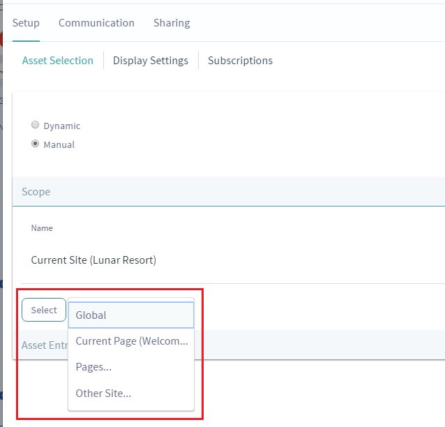 Figure 1: Selecting assets in the Asset Publisher manually is similar to selecting assets in the Web Content Display application except that you can select assets of any type, not just web content. You can also add scopes to expand the list of assets that are available to be displayed in the Asset Publisher.