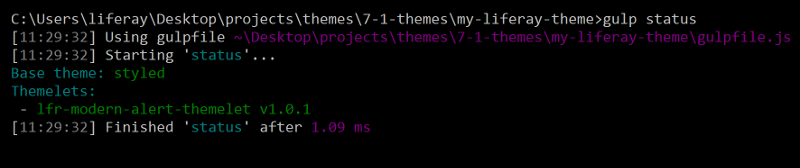 Figure 1: Run the gulp status task to list your themes current extensions.