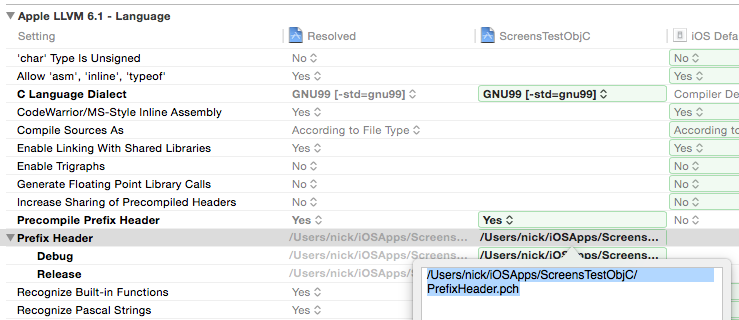 図5：Xcode設定の PrefixHeader.pch 構成。
