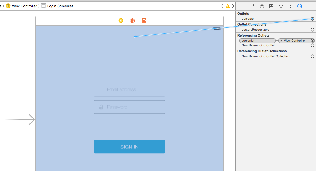 図4：Screen BuilderのデリゲートをInterface Builderに接続します。