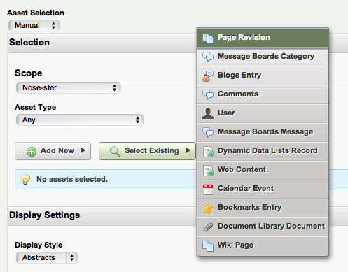 Figure 5.12: Selecting assets manually is very similar to the Web Content
Display portlet, except you have many other content types to choose
from.