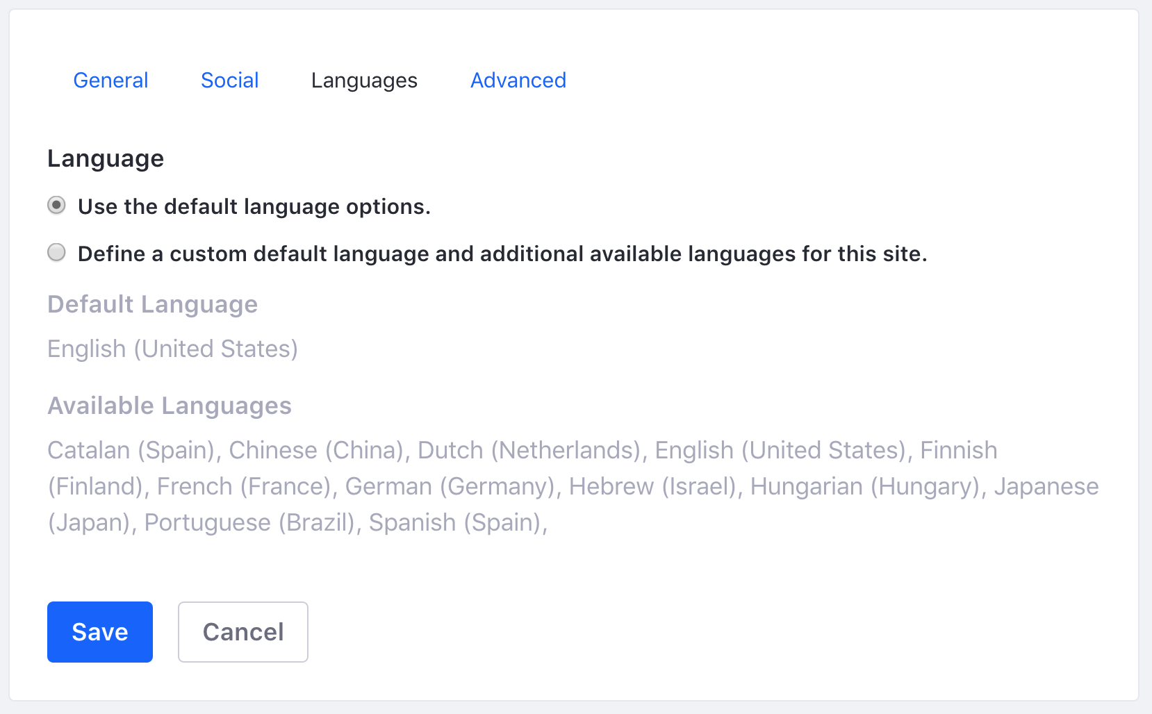 Figure 1: In the Languages tab, you can configure the site to use the instances default language or another supported language.
