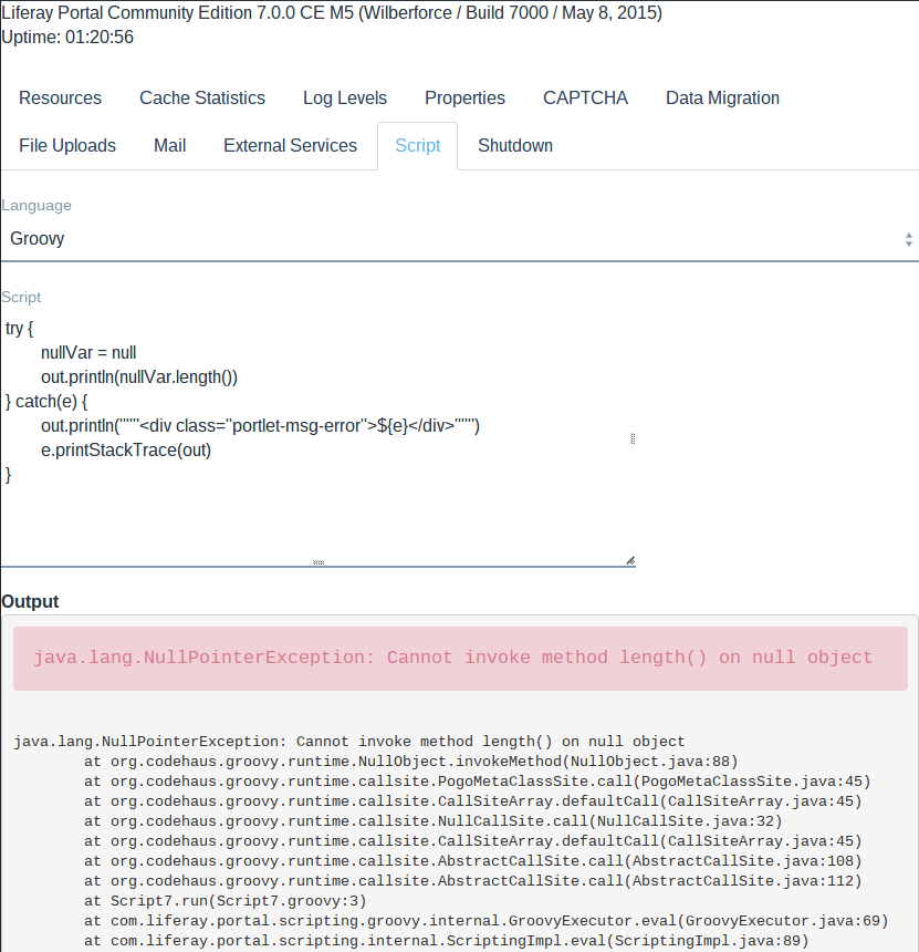 Figure 3: Heres an example of a Groovy script that catches exceptions and prints exception information to the script console.
