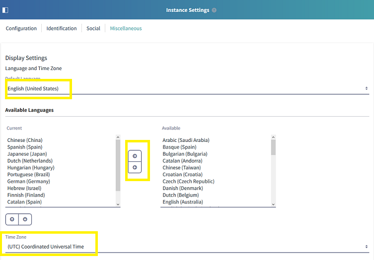 Figure 1: You can change the default and available languages and the time zone in Instance Settings.