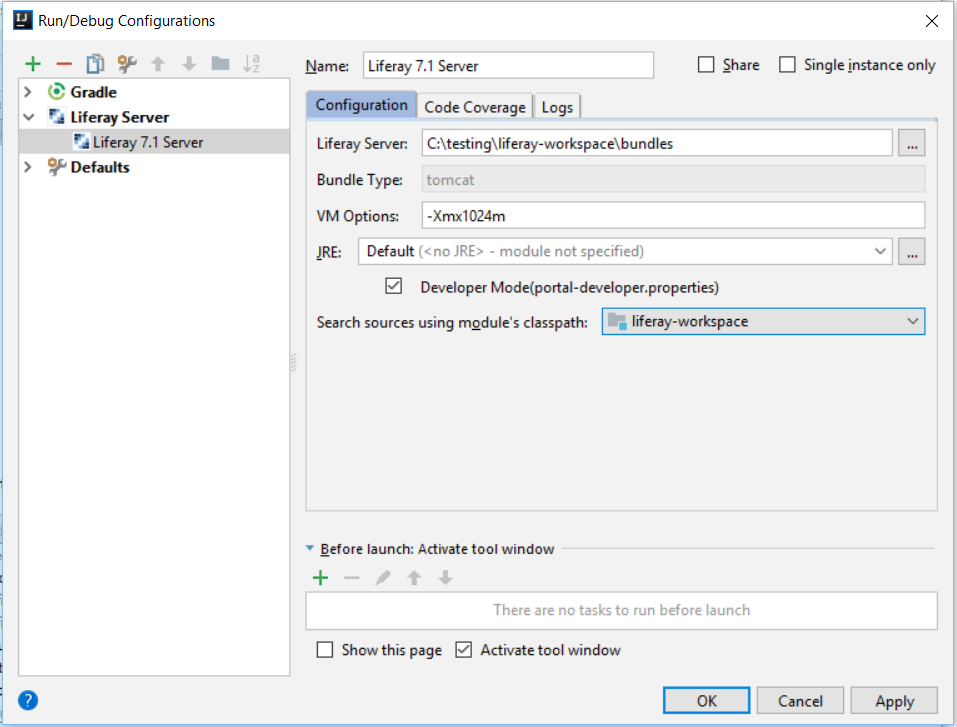 図2：Run/Debug Configurationsメニューで、Liferayサーバーの設定を設定します。