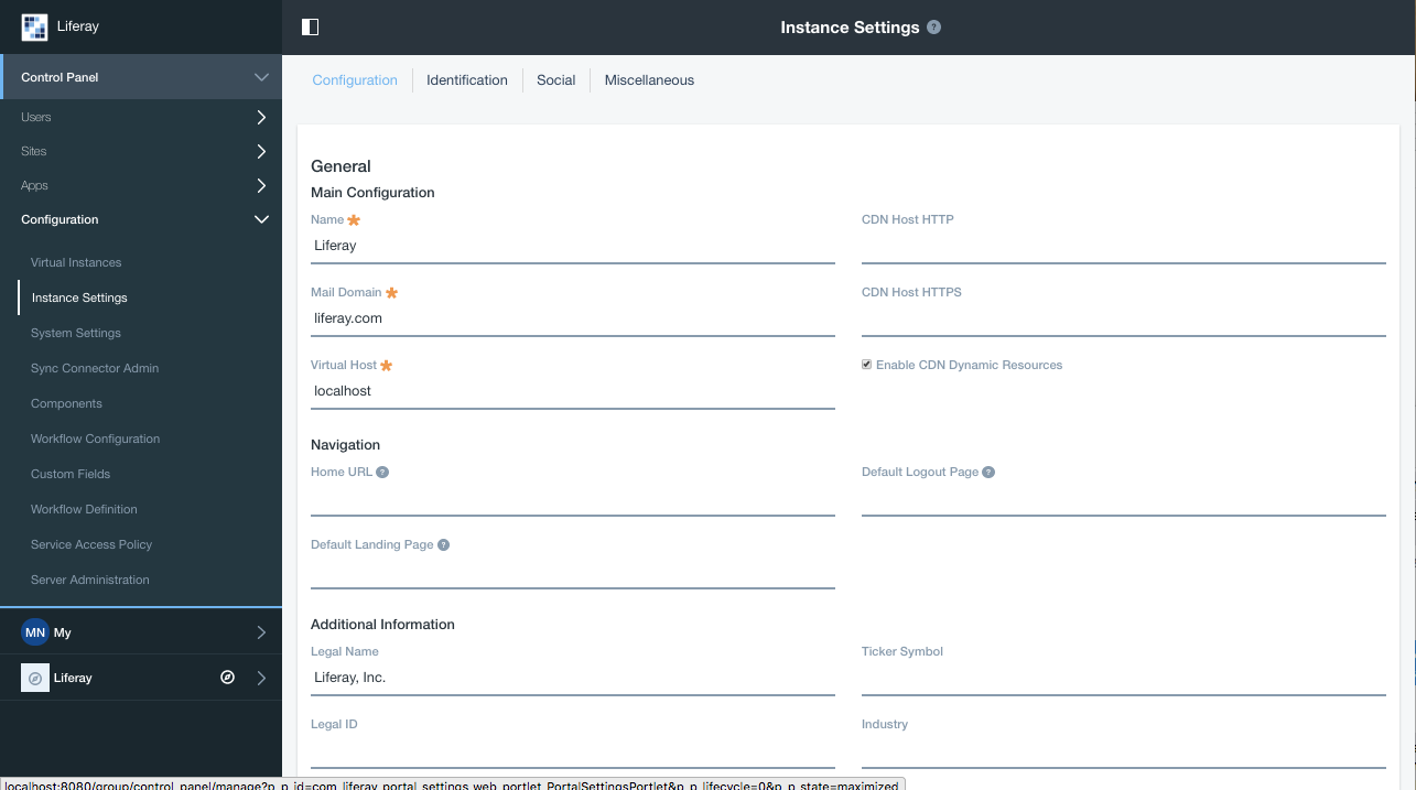 Figure 1: The Instance Settings page.
