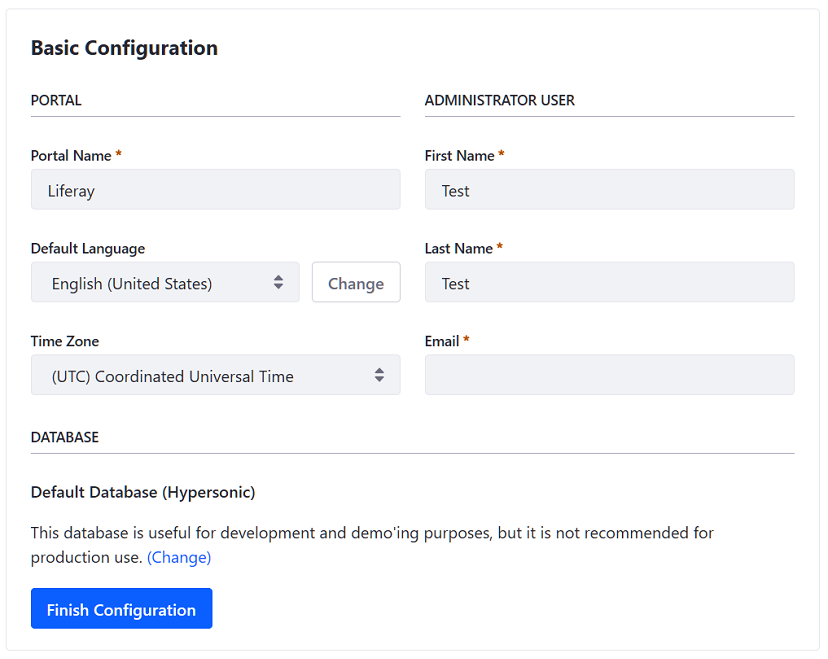 Figure 1: Supply the information for your portal and your portals default administrator user on the Basic Configuration page.