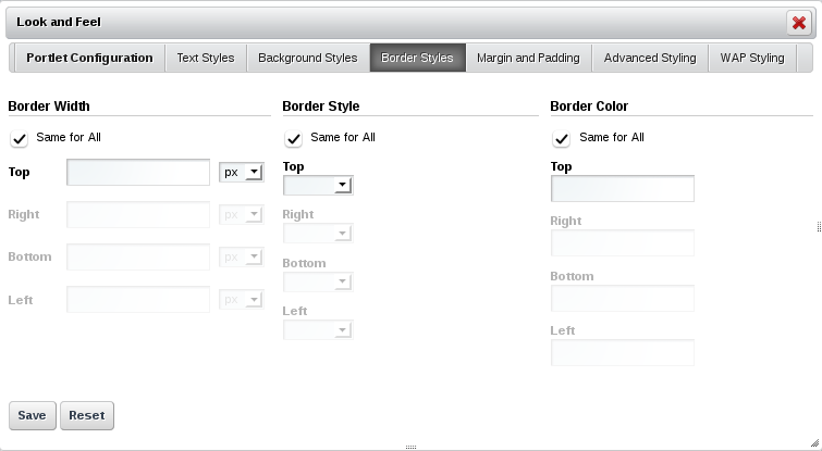 Figure 7.4: The Border Styles tab lets you specify a border width, style, and
color for each side of the
portlet.