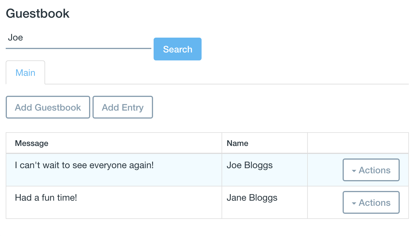 Figure 1: Youll add a search bar to the Guestbook portlet so that users can search for guestbook entries. If a guestbook entrys message or name matches the search query, the entry is displayed in the search results.