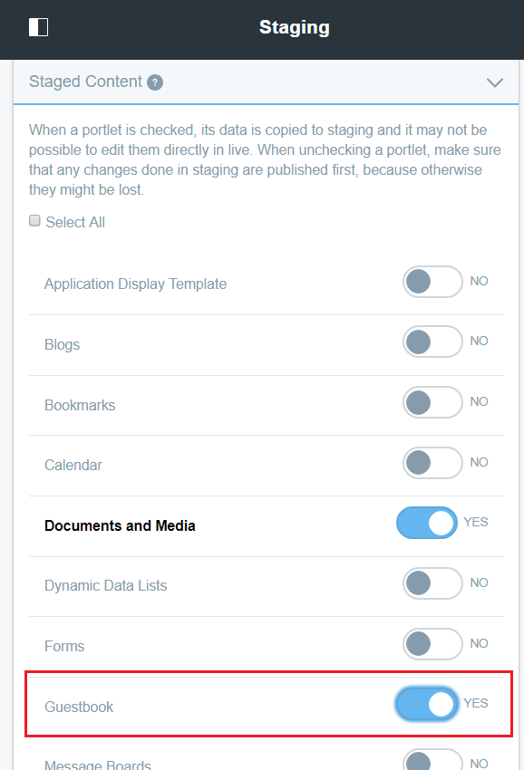 Figure 4: Enable the Guestbook Staging functionality.