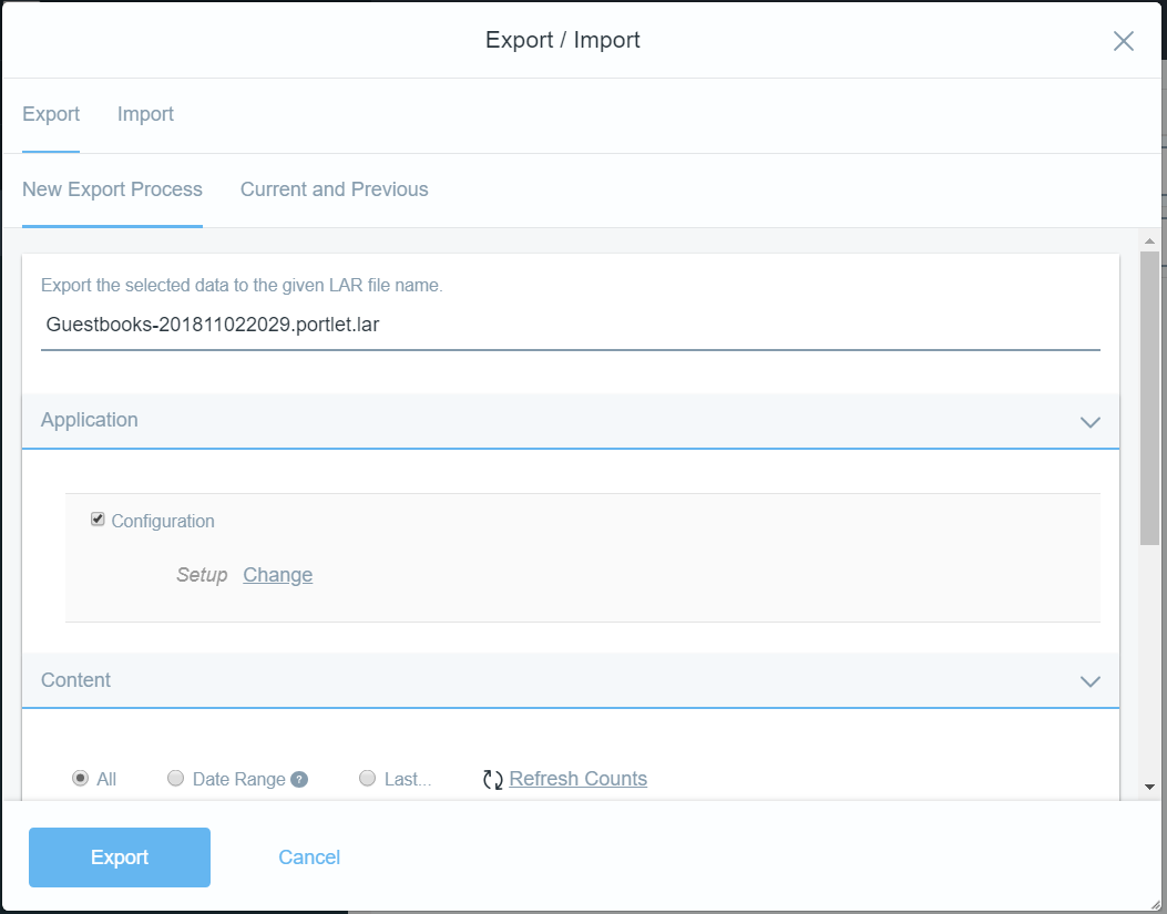 Figure 5: You can manually export and import Guestbook LAR files from the Guestbook Admin portlet.