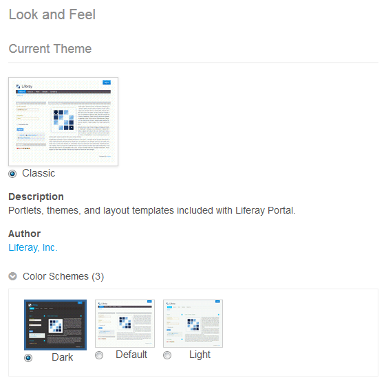 Figure 1: Liferays Classic theme offers three color schemes. You too can offer eye-pleasing color schemes for your themes.