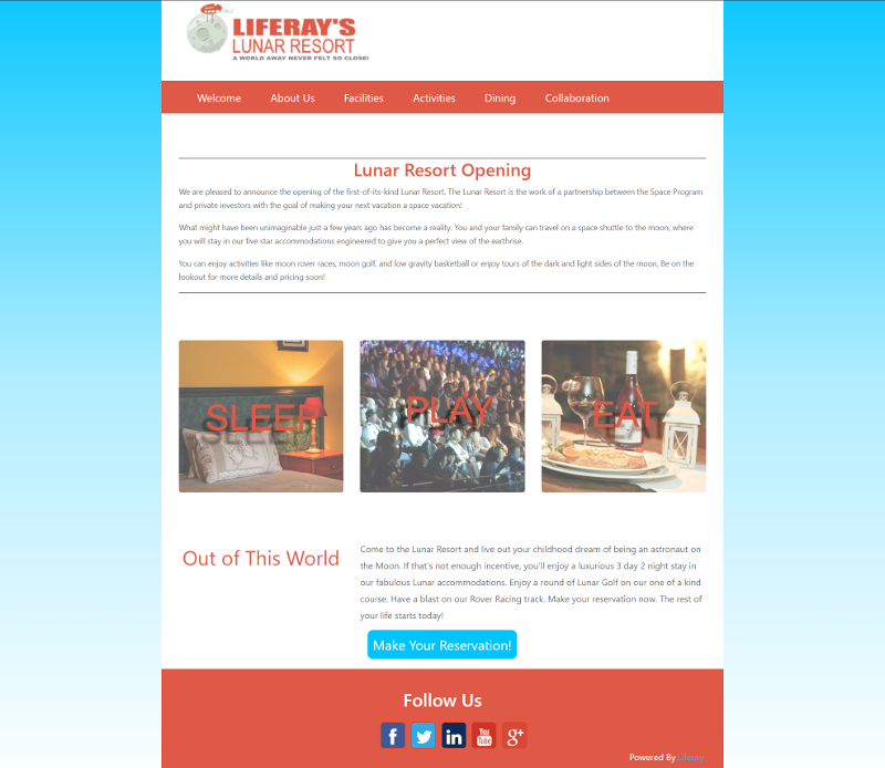 図1：このチュートリアルでアップグレードされたLunar Resortサンプルテーマは、クリーンで最小限のデザインを使用しています。