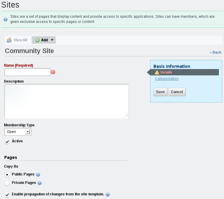 Figure 3.11: When creating a site from a site template, you need to choose whether the site template should be copied into the sites public pages or private pages.