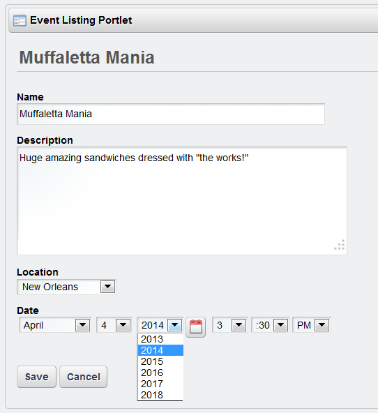 Figure 4.9: Customizing string input fields to use spacious text areas and customizing date fields to filter-out past years are just a couple examples of the many things you can do with Liferay model hints.