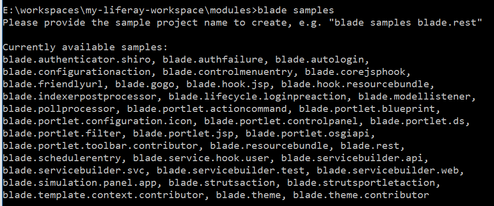 Figure 4: The blade samples command lists the names of sample modules developers can create, examine, and modify to meet their needs.