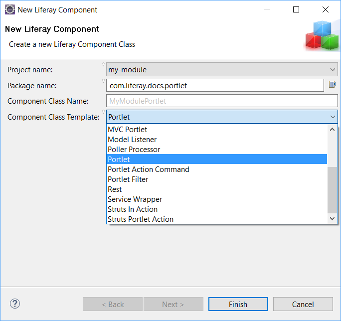 Figure 4: Liferay Developer Studios component wizard facilitates creating component classes.