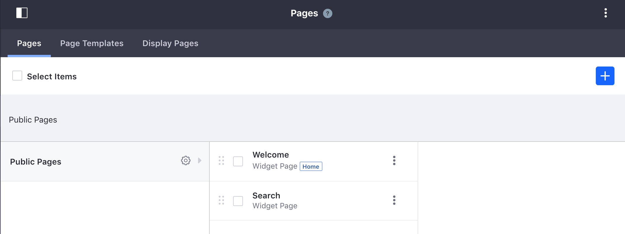 Figure 1: In the default site, initially only the Welcome and the hidden Search pages exist in the Public Pages Hierarchy.