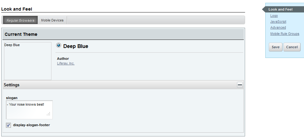 Figure 5.5: Setting the footer display slogan in the Look and Feel of the sites page settings.