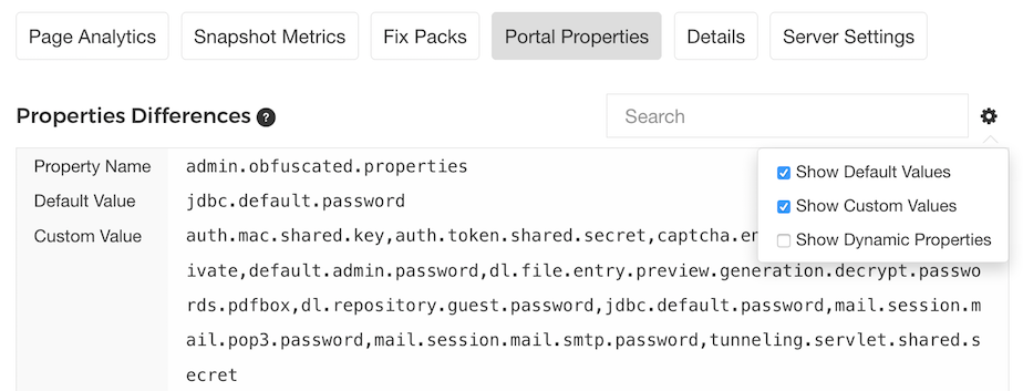 Figure 10: Click the gear icon to select the type of portal properties to show in the table.
