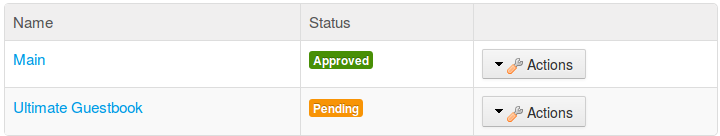 Figure 3: The Guestbook Admin portlet now displays the workflow status of each Guestbook in the site.