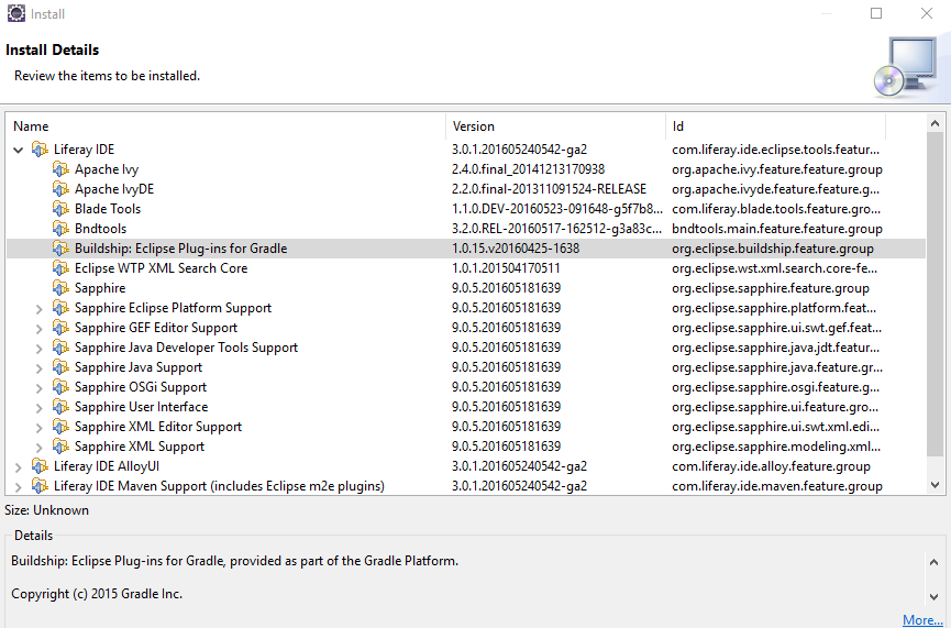 Figure 1: Navigate to Help → Installation Details to view plugins included in Liferay Developer Studio.