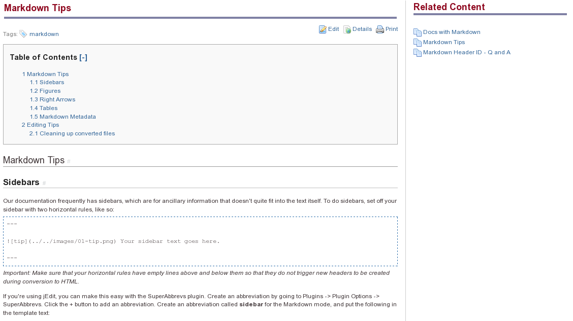 Figure 1.6: Liferay Portals wiki enables users to collaboratively create
complex articles. Clicking the Details link shows the full history of the
article, including the author of each change.