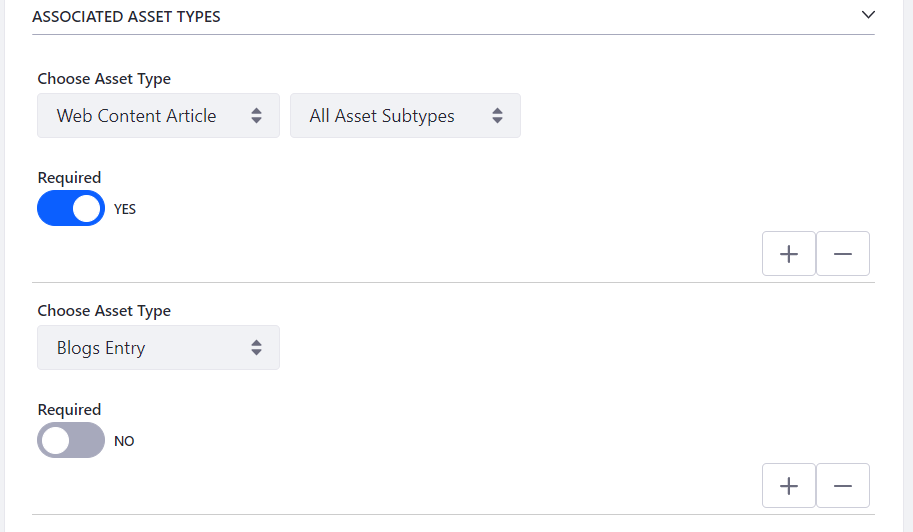 Figure 1: You can target vocabularies by checking the Allow Multiple Categories selector and then selecting the Asset Types.