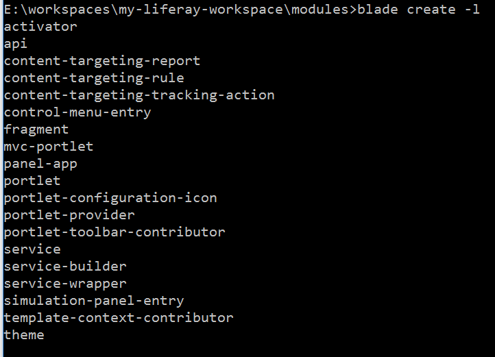 Figure 2: Blades create command generates a module based on a template. Executing create -l lists the template names.