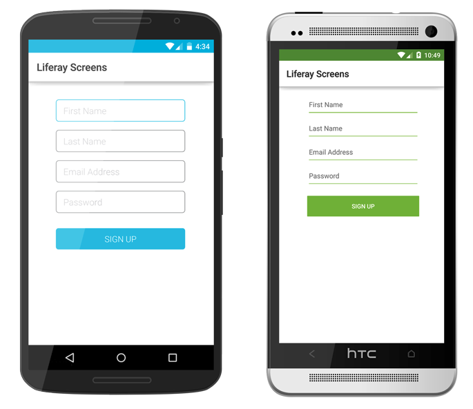 The Sign Up Screenlet with the Default (left) and Material (right) Viewsets.