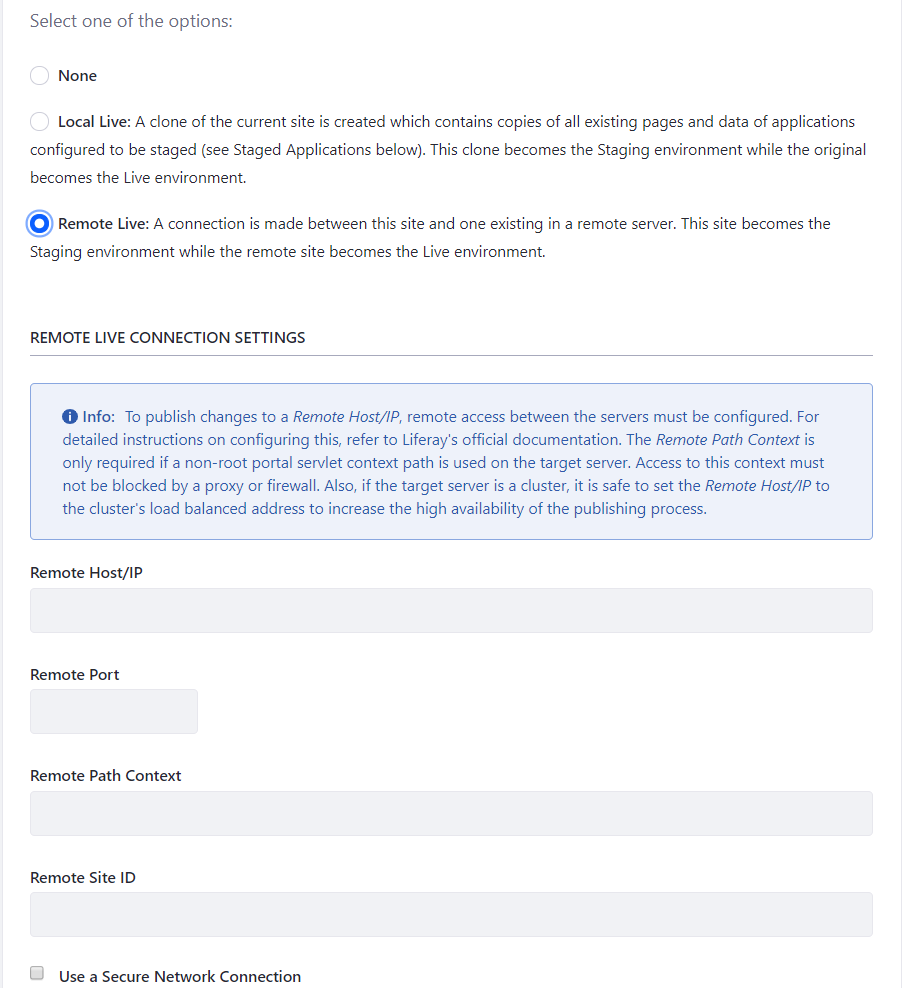 Figure 1: After your remote Liferay server and local Liferay server have been configured to communicate with each other, you have to specify a few Remote Live connection settings.