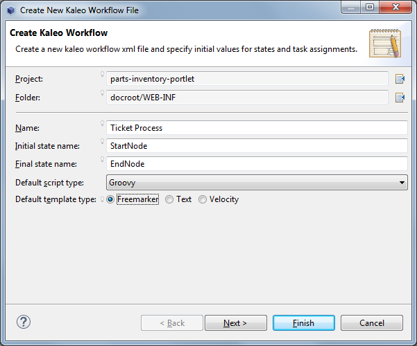 Figure 3: The Create Kaleo Workflow form in Liferay Developer Studio lets you select a script type and template type for your workflow.