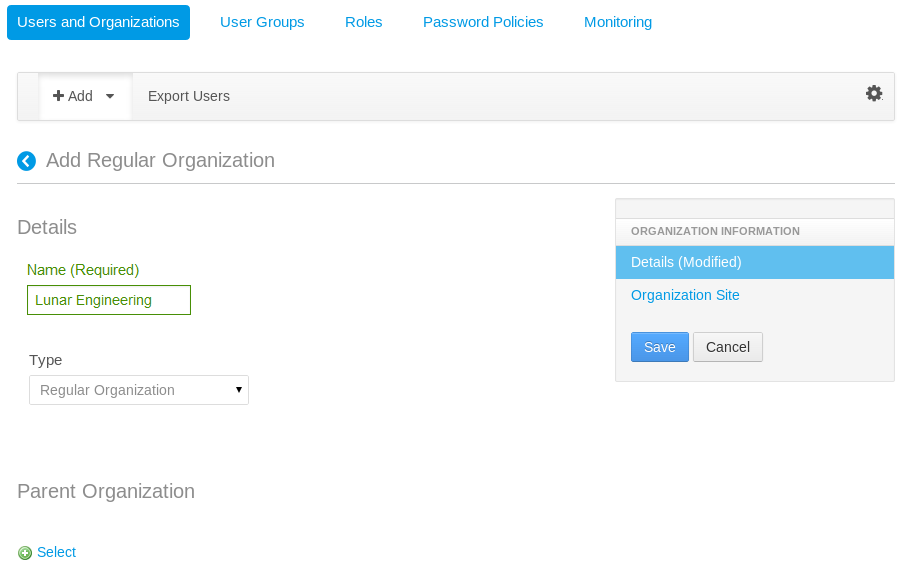 Figure 16.4: Adding a new organization is easy. Once youve clicked Save to create the organization, you can specify additional details about the organization.
