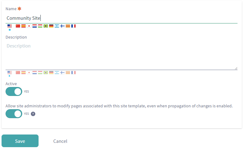 Figure 1: Site templates have several configurable options including the option to allow site administrators to modify pages accociated with the site template.