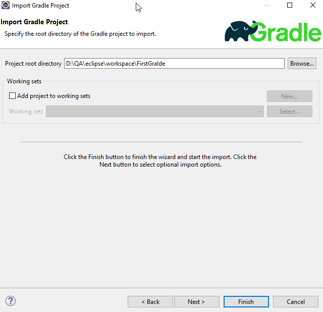 Figure 3: You can specify what Gradle project to import from the Import Gradle Project wizard.