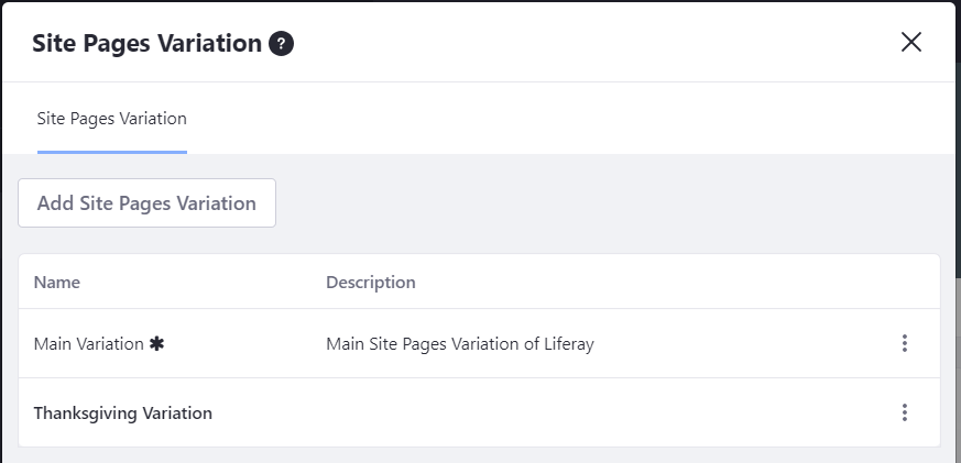 図1：ステージングバーから* Site Pages Variation *リンクを選択すると、サイトページのバリエーションを追加および管理できます。