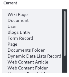 Figure 1: The Type Facet configuration lists the searchable out-of-the-box asset types.