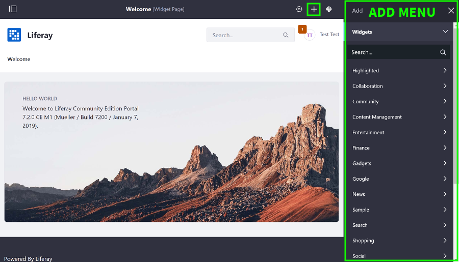 Figure 4: The Add Menu pushes the main contents to the left.