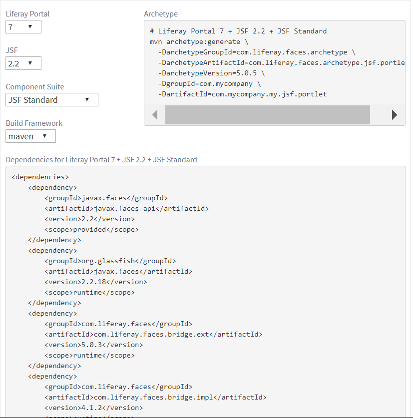 Figure 2: The Liferay Faces site gives you options to generate dependencies for many environments.