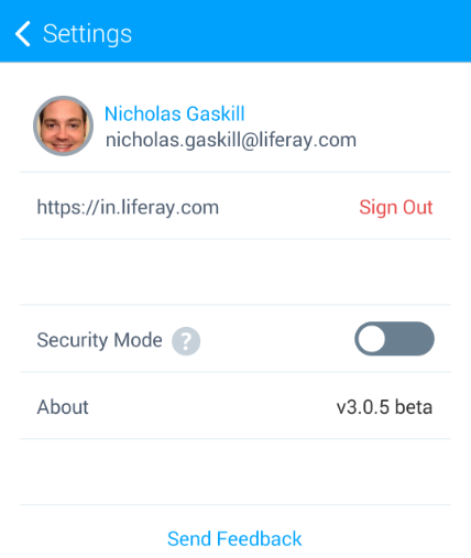 Figure 5.29: The Settings screen for the Sync app lets you sign out of your portal, enable Security Mode, view the apps version, and send feedback.