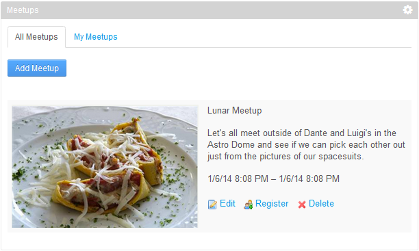 Figure 10.4: Meetups are organized in the two tabs All Meetups and My Meetups.