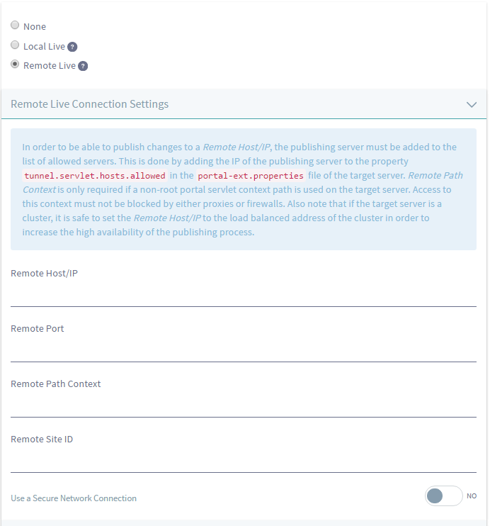 Figure 1: After your remote Liferay server and local Liferay server have been configured to communicate with each other, you have to specify a few Remote Live connection settings.