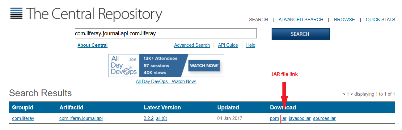 Figure 2: After searching Maven Central, download an artifacts JAR file by clicking the jar link.