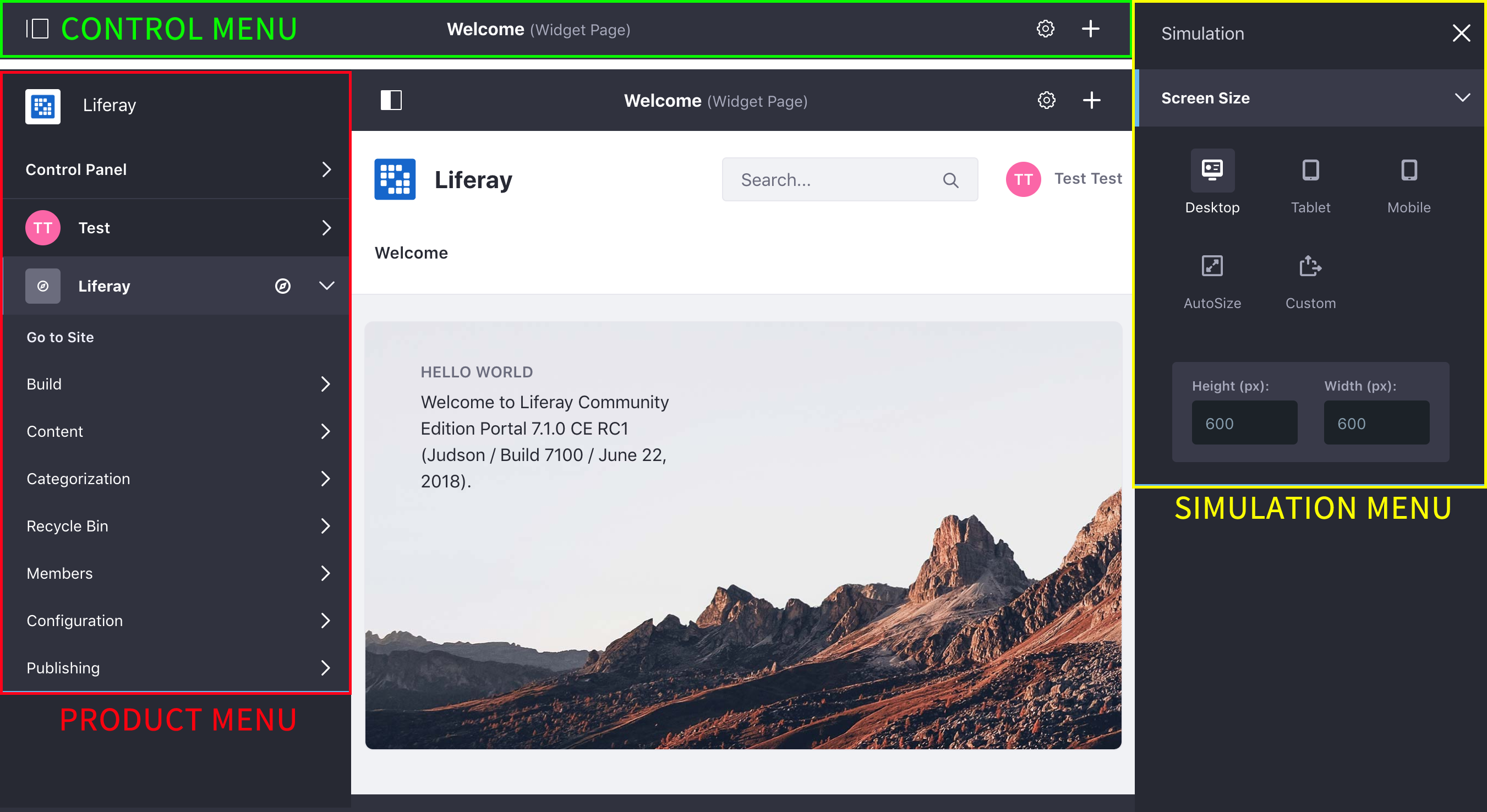 Figure 1: The main product navigation menus include the Product Menu, Control Menu, and Simulation Menu.