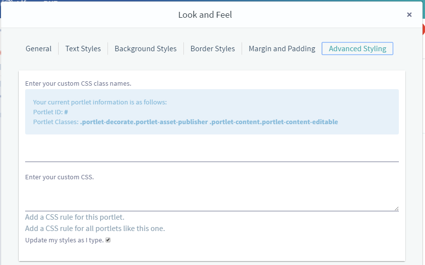 Figure 7: The Advanced Styling tab displays your apps Liferay ID and allows you to enter CSS code to customize the look and feel of your app.