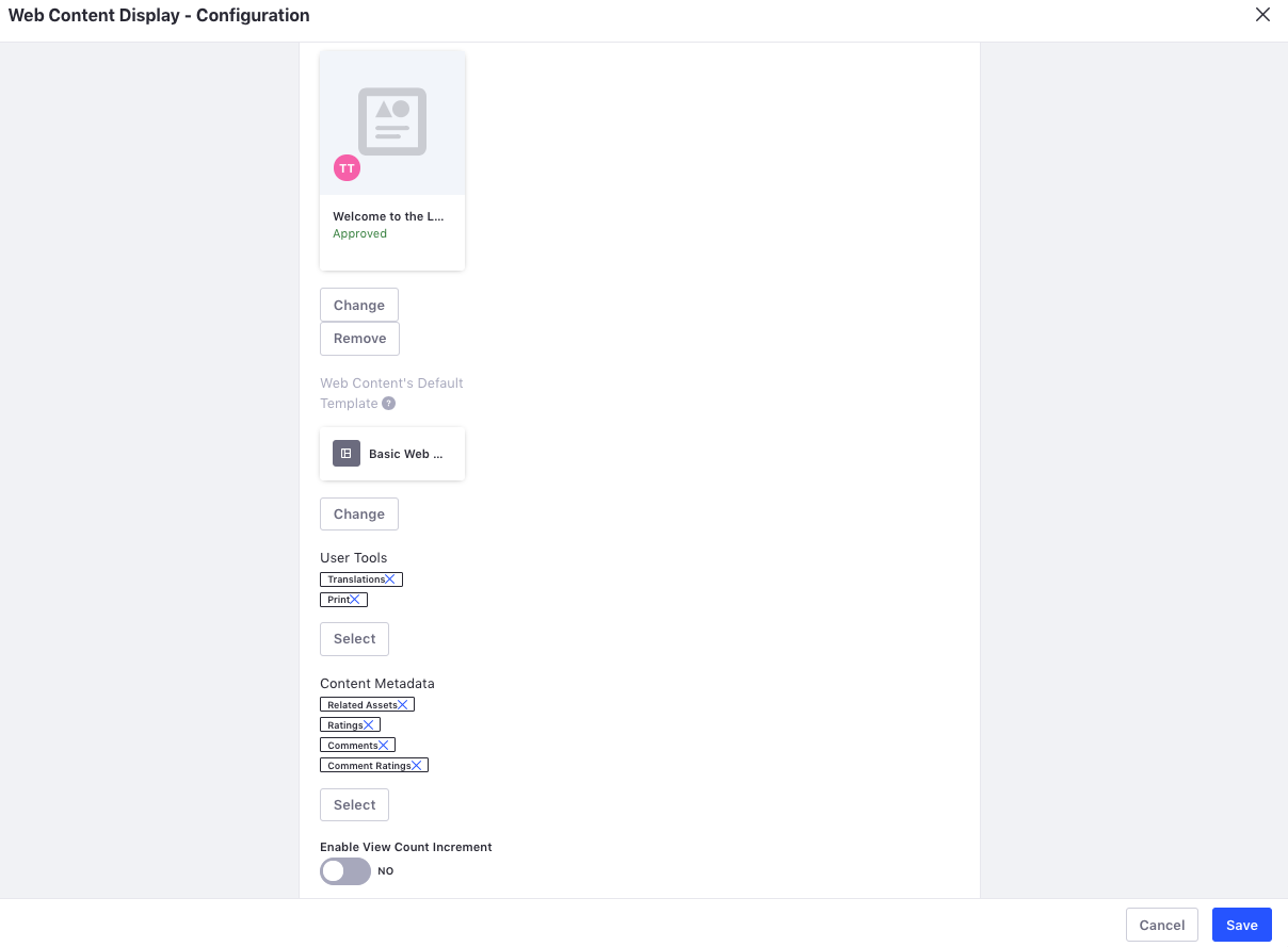 Figure 2: Publishing web content is a snap. At a minimum, you only have to select the content you wish to publish. You can also enable lots of optional features to let your users interact with your content.